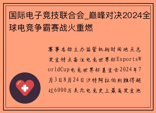 国际电子竞技联合会_巅峰对决2024全球电竞争霸赛战火重燃